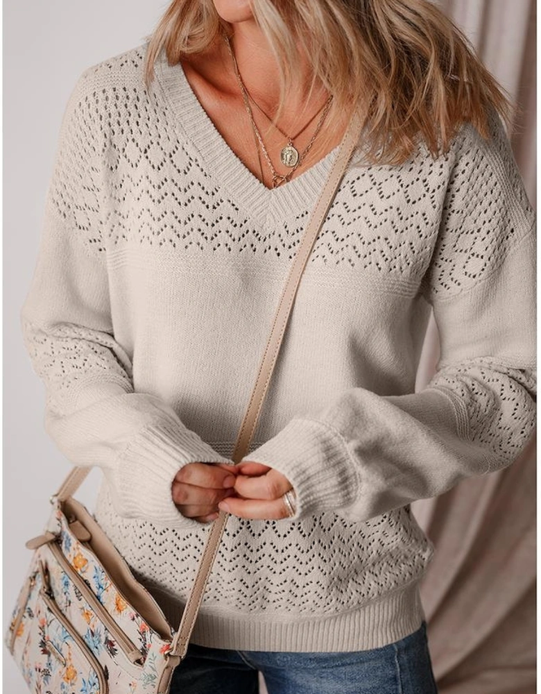 Brown Eyelet Pattern Detail V Neck Drop Shoulder Sweater