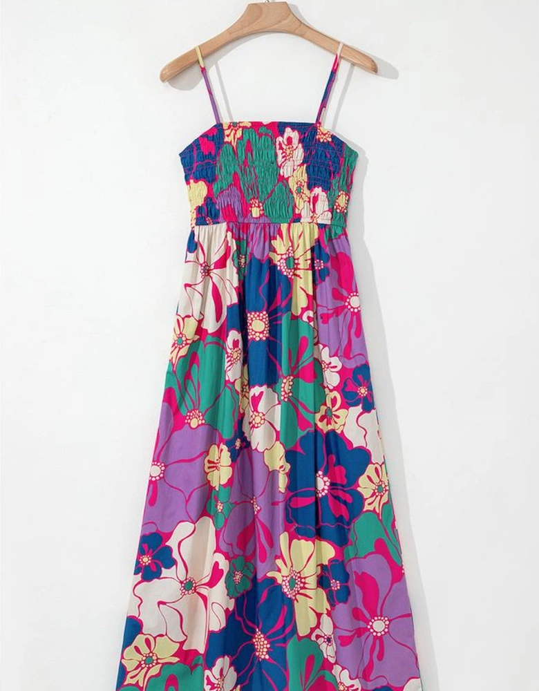 Purple Floral Print Shirred Spaghetti Strap Loose Maxi Dress