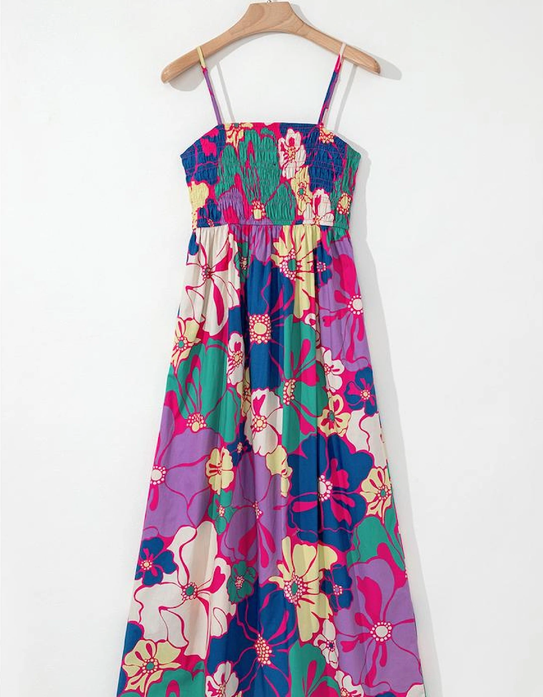 Purple Floral Print Shirred Spaghetti Strap Loose Maxi Dress