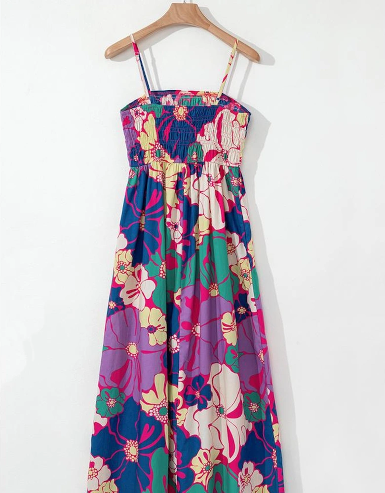 Purple Floral Print Shirred Spaghetti Strap Loose Maxi Dress