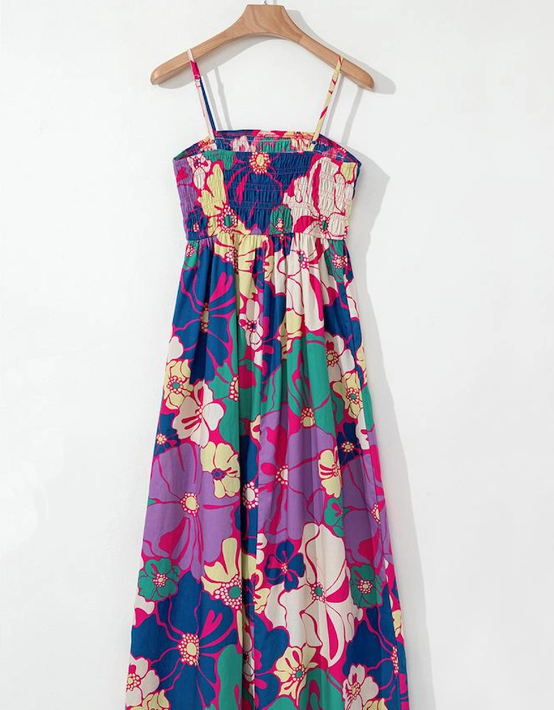 Purple Floral Print Shirred Spaghetti Strap Loose Maxi Dress