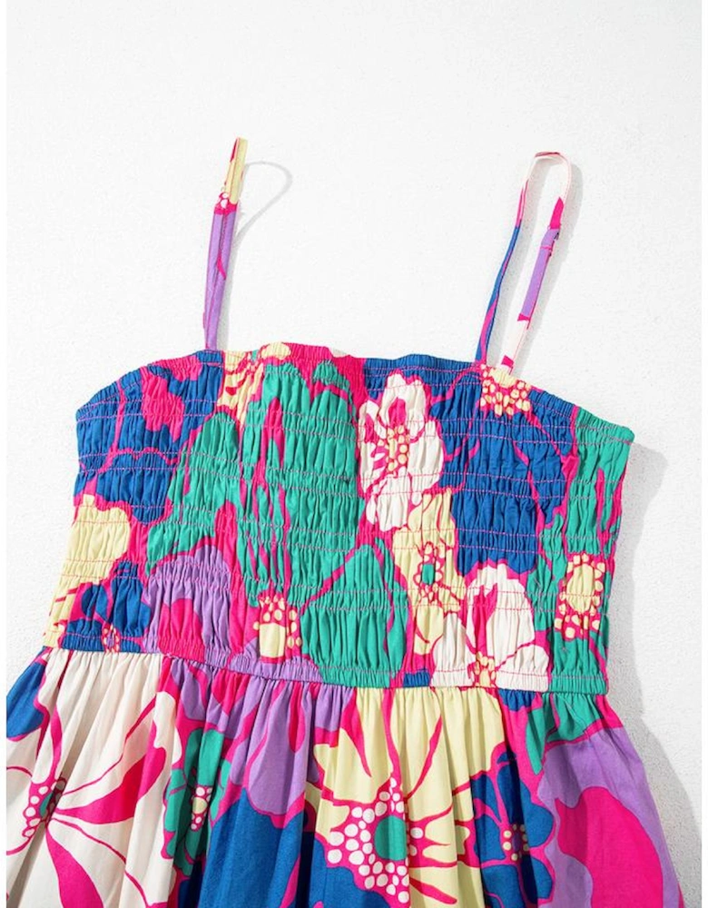 Purple Floral Print Shirred Spaghetti Strap Loose Maxi Dress