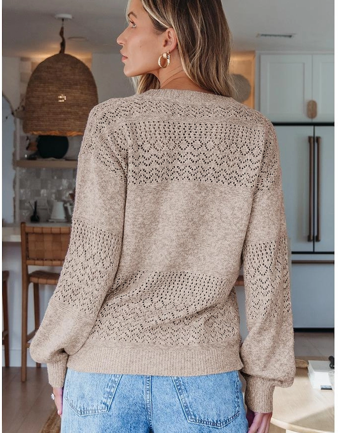 Brown Eyelet Pattern Detail V Neck Drop Shoulder Sweater
