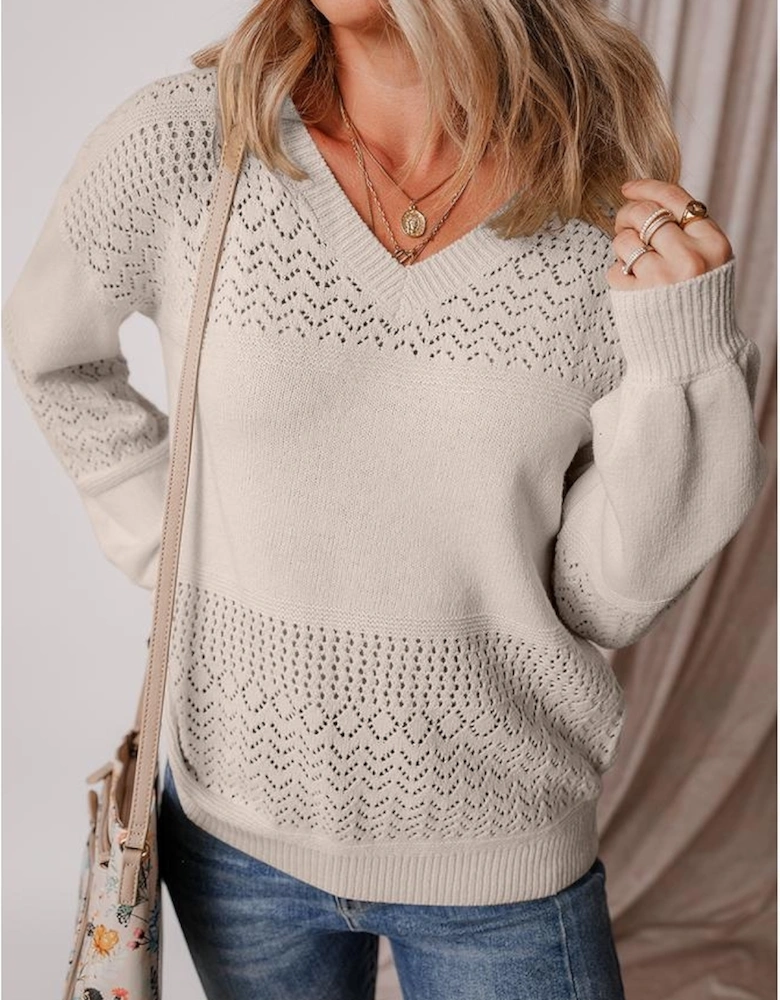Brown Eyelet Pattern Detail V Neck Drop Shoulder Sweater