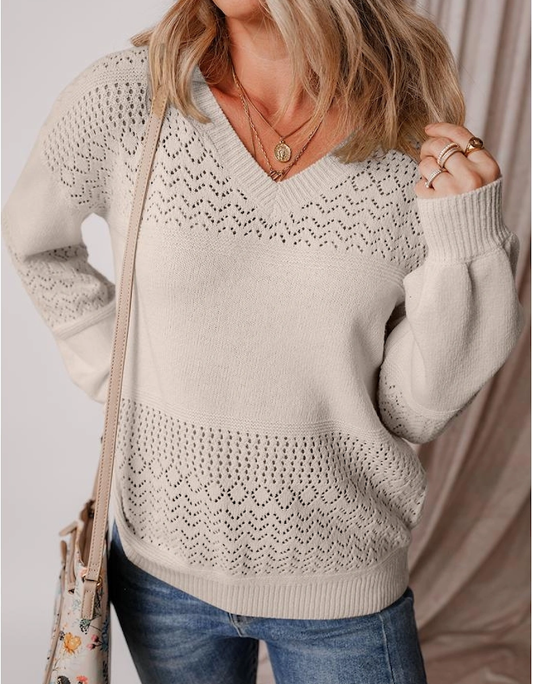 Brown Eyelet Pattern Detail V Neck Drop Shoulder Sweater