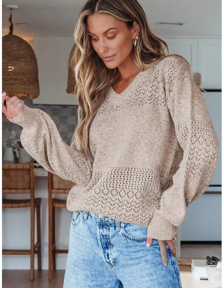Brown Eyelet Pattern Detail V Neck Drop Shoulder Sweater