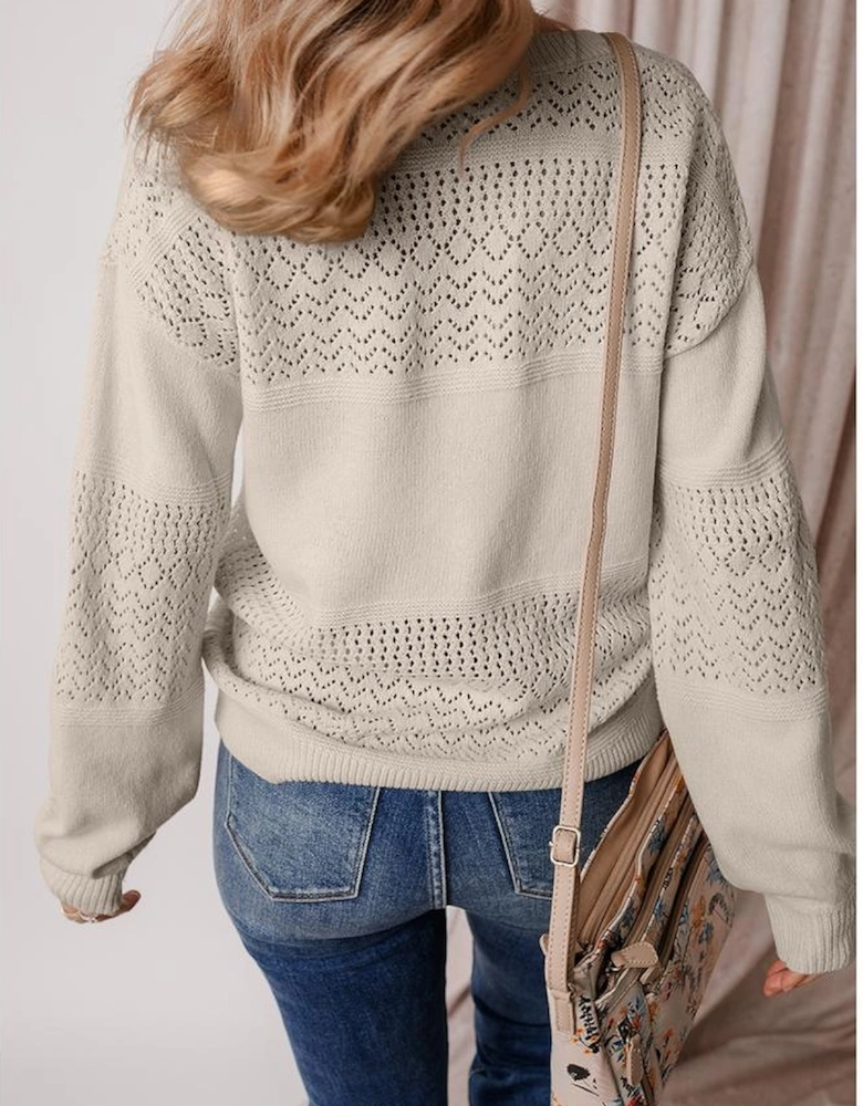 Brown Eyelet Pattern Detail V Neck Drop Shoulder Sweater