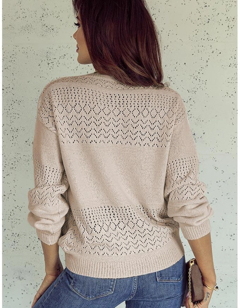 Brown Eyelet Pattern Detail V Neck Drop Shoulder Sweater