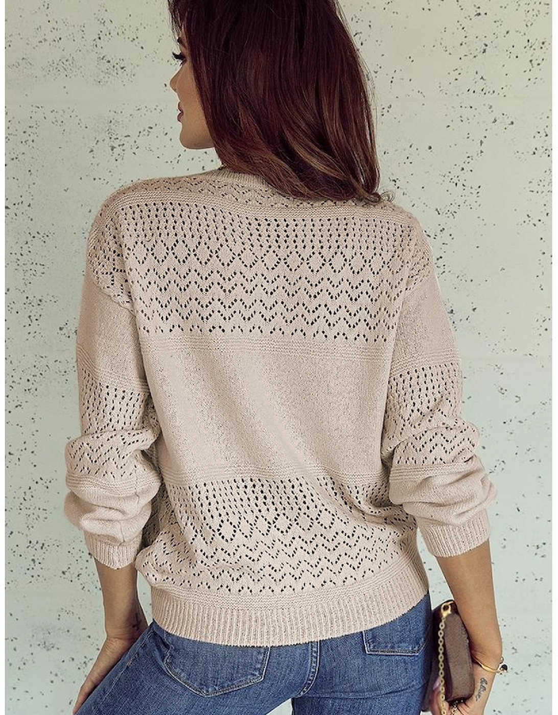 Brown Eyelet Pattern Detail V Neck Drop Shoulder Sweater