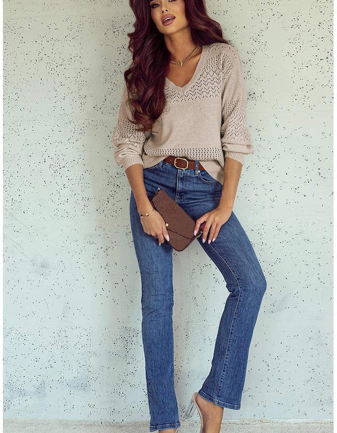 Brown Eyelet Pattern Detail V Neck Drop Shoulder Sweater