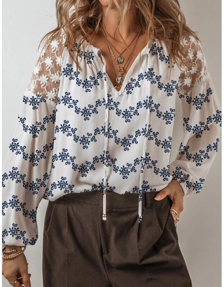 Blue Lace Patchwork Floral Bubble Sleeve V Split Neck Blouse