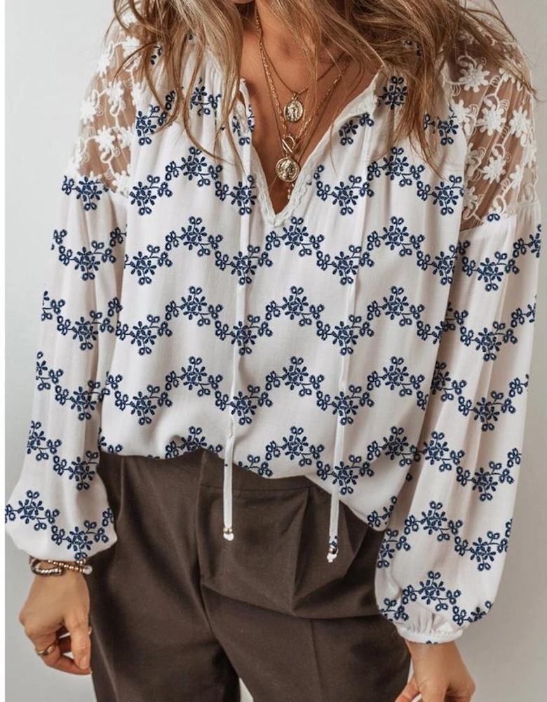 Blue Lace Patchwork Floral Bubble Sleeve V Split Neck Blouse
