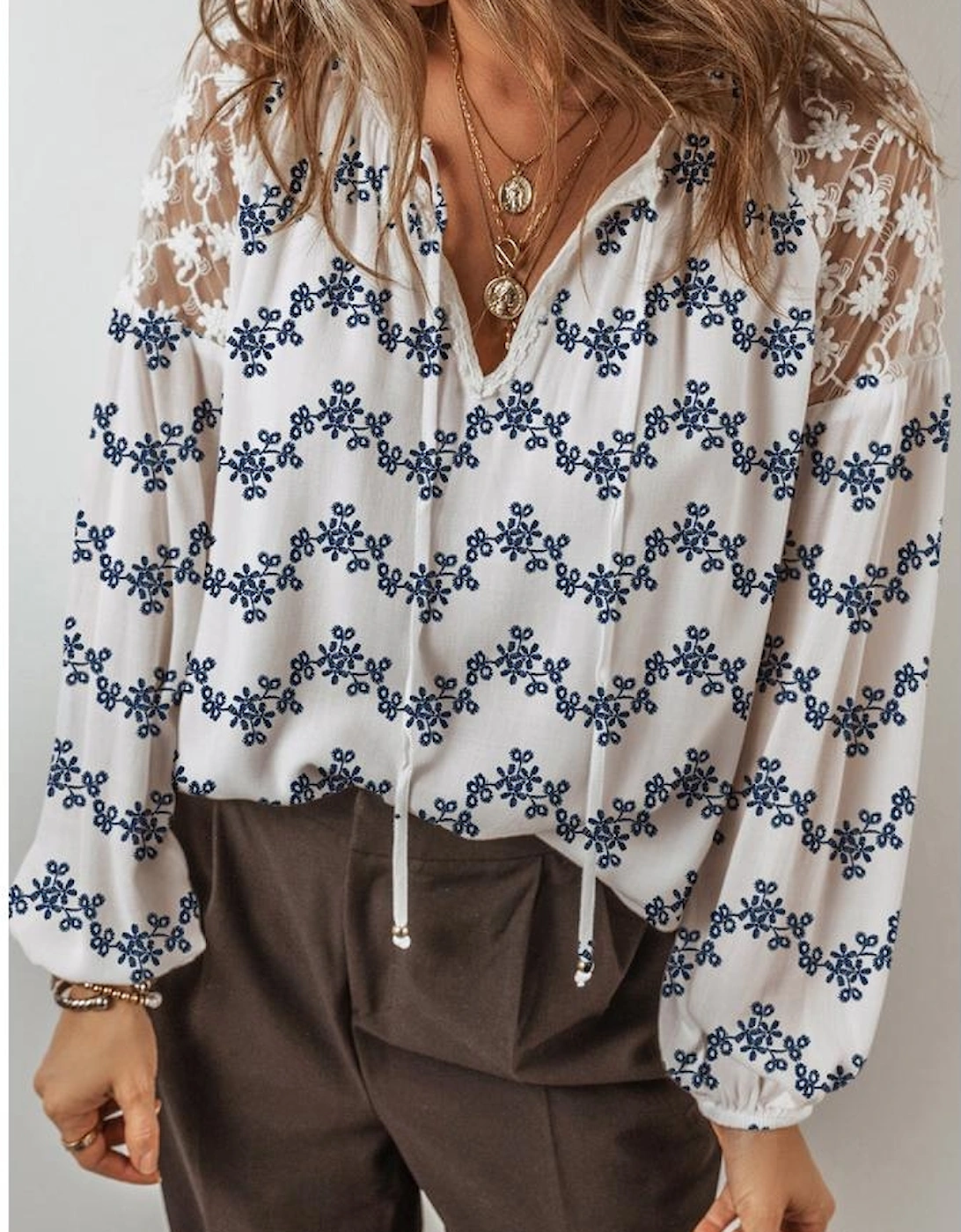 Blue Lace Patchwork Floral Bubble Sleeve V Split Neck Blouse