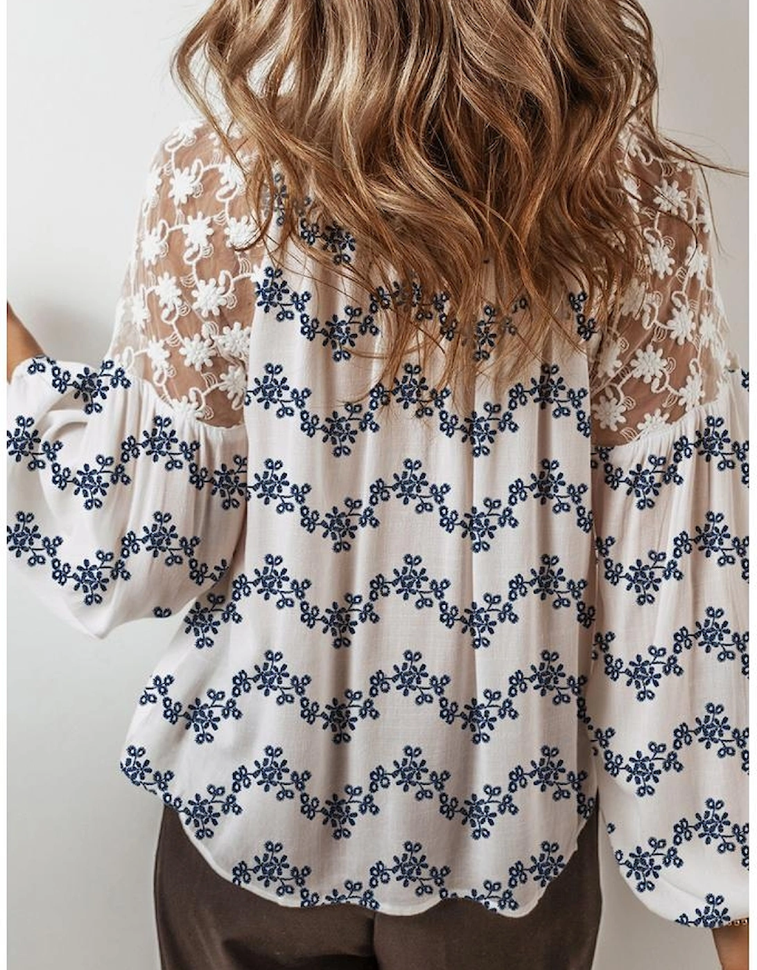 Blue Lace Patchwork Floral Bubble Sleeve V Split Neck Blouse, 5 of 4