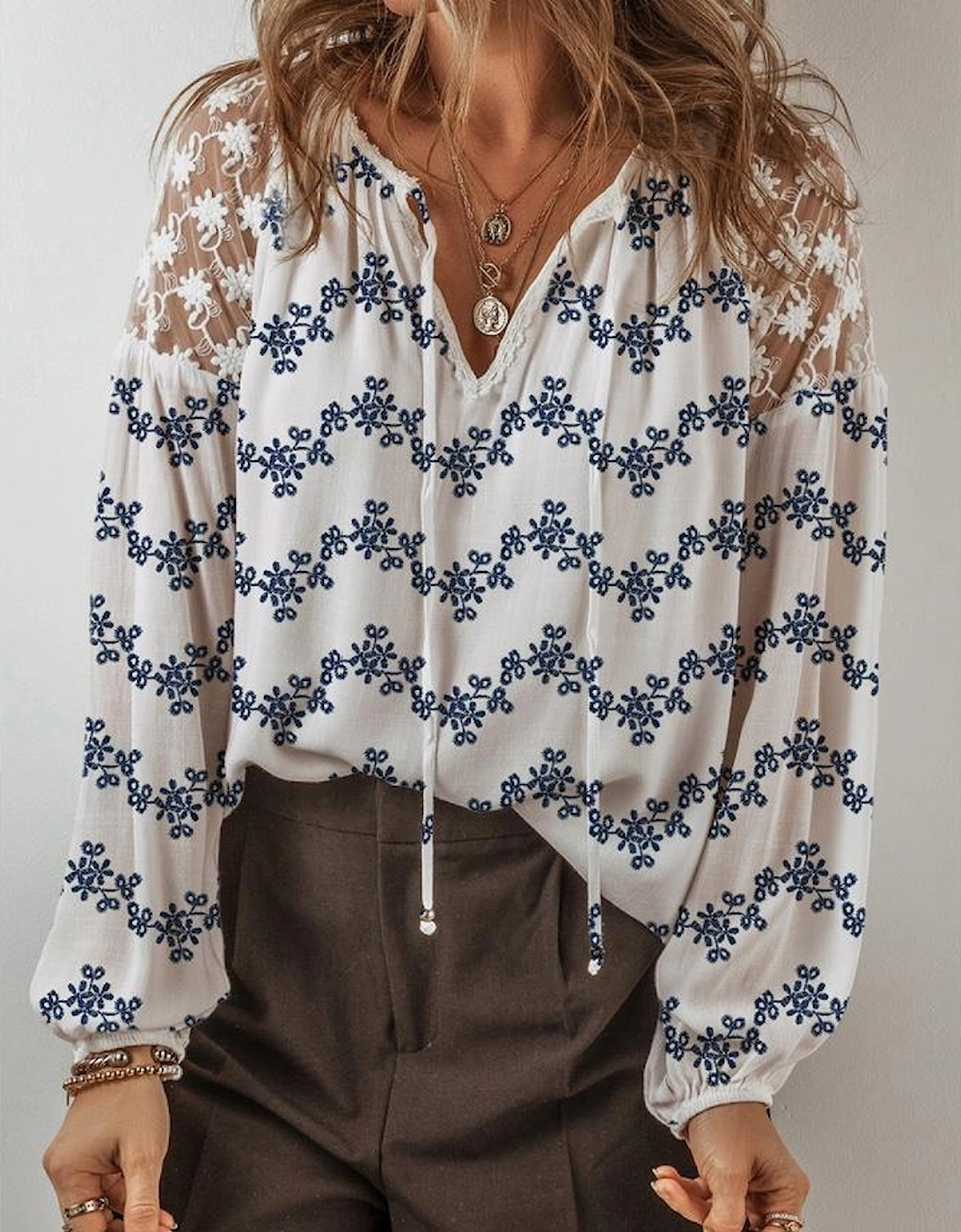 Blue Lace Patchwork Floral Bubble Sleeve V Split Neck Blouse