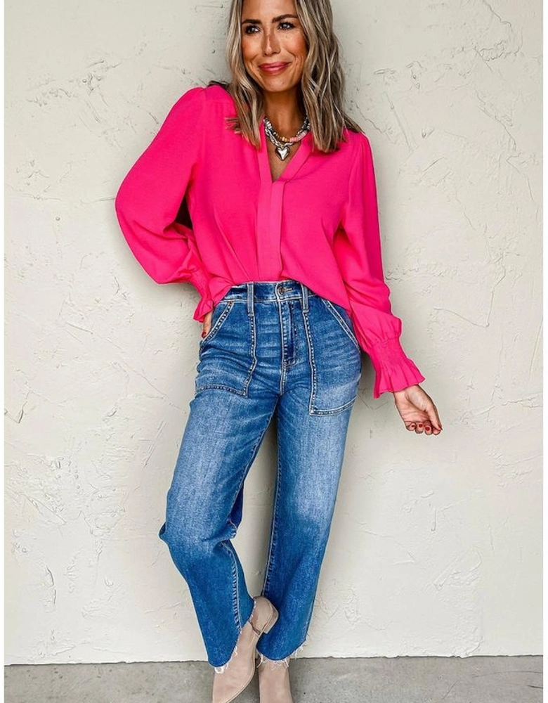 Rose Red Solid Color Shirred Cuff Notch V Neck Blouse