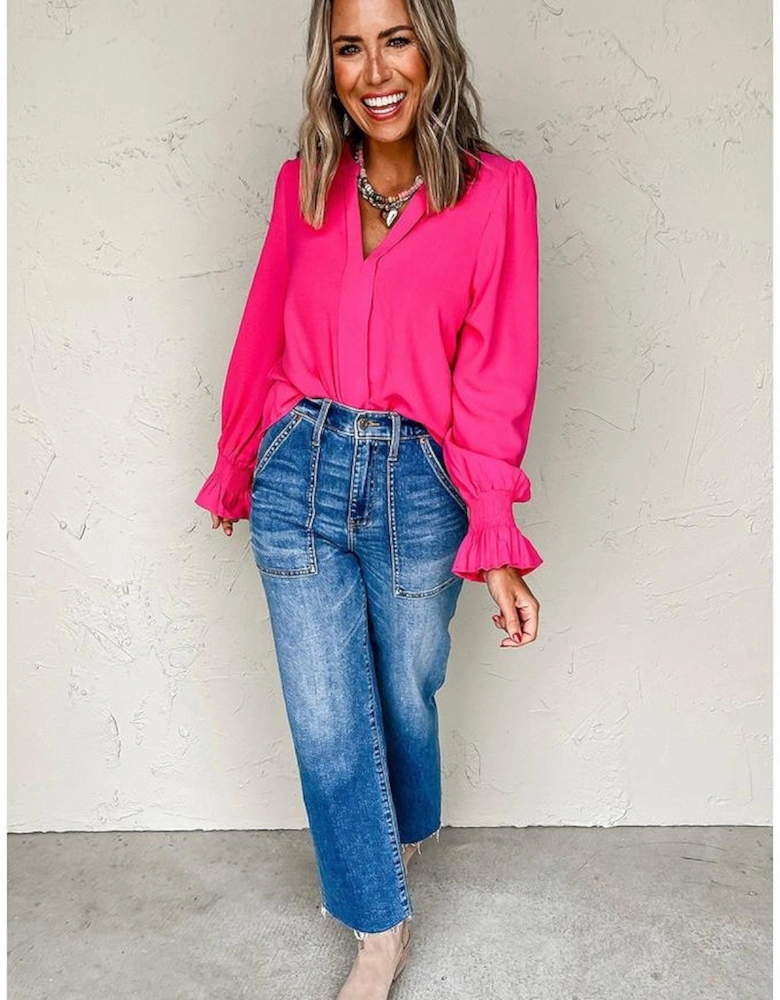 Rose Red Solid Color Shirred Cuff Notch V Neck Blouse