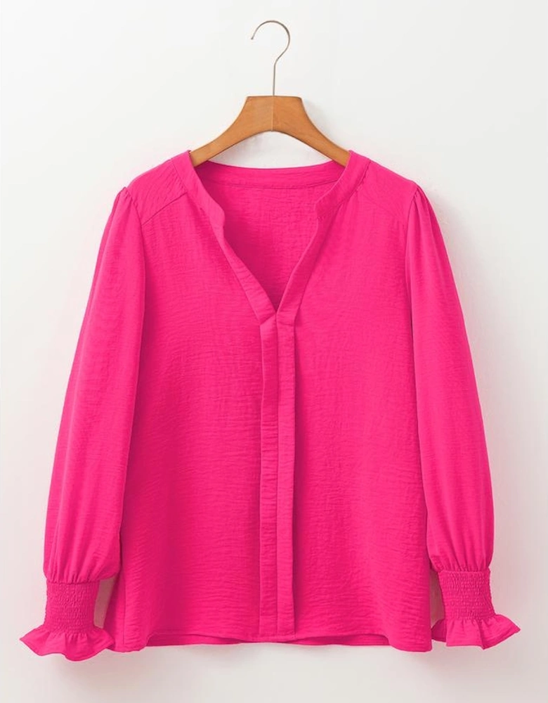Rose Red Solid Color Shirred Cuff Notch V Neck Blouse