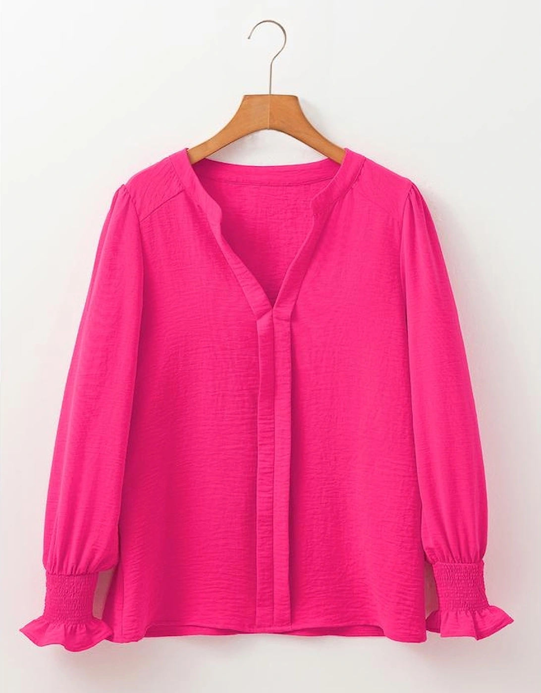 Rose Red Solid Color Shirred Cuff Notch V Neck Blouse