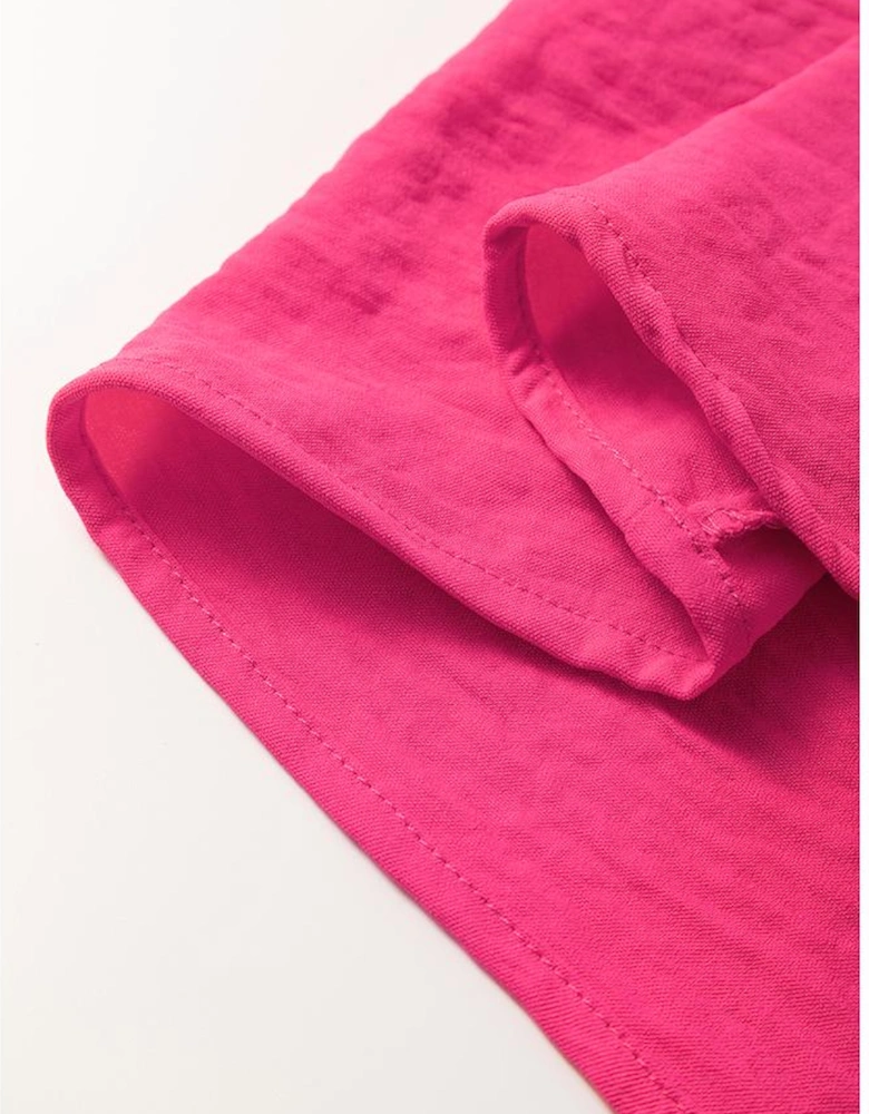 Rose Red Solid Color Shirred Cuff Notch V Neck Blouse