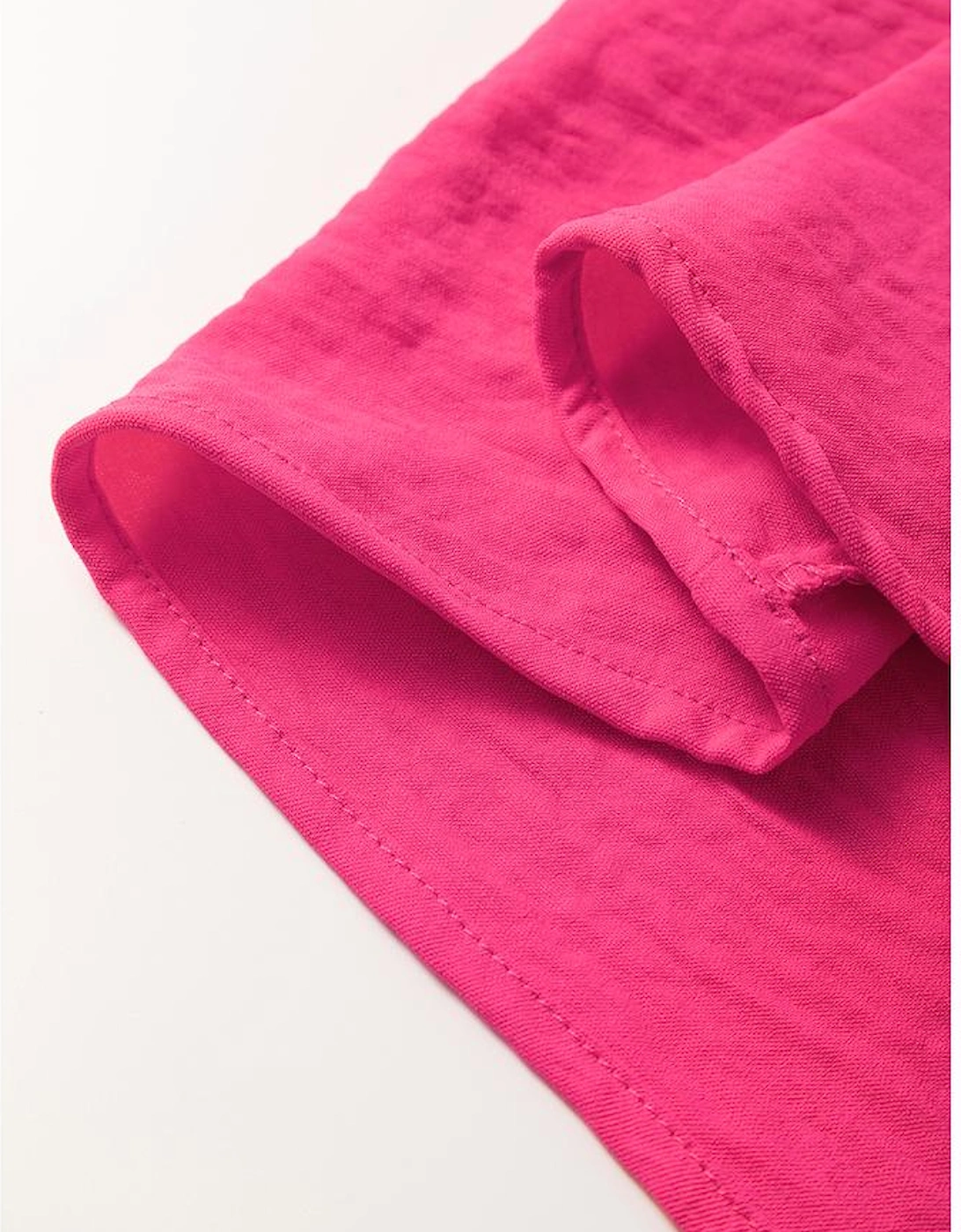 Rose Red Solid Color Shirred Cuff Notch V Neck Blouse