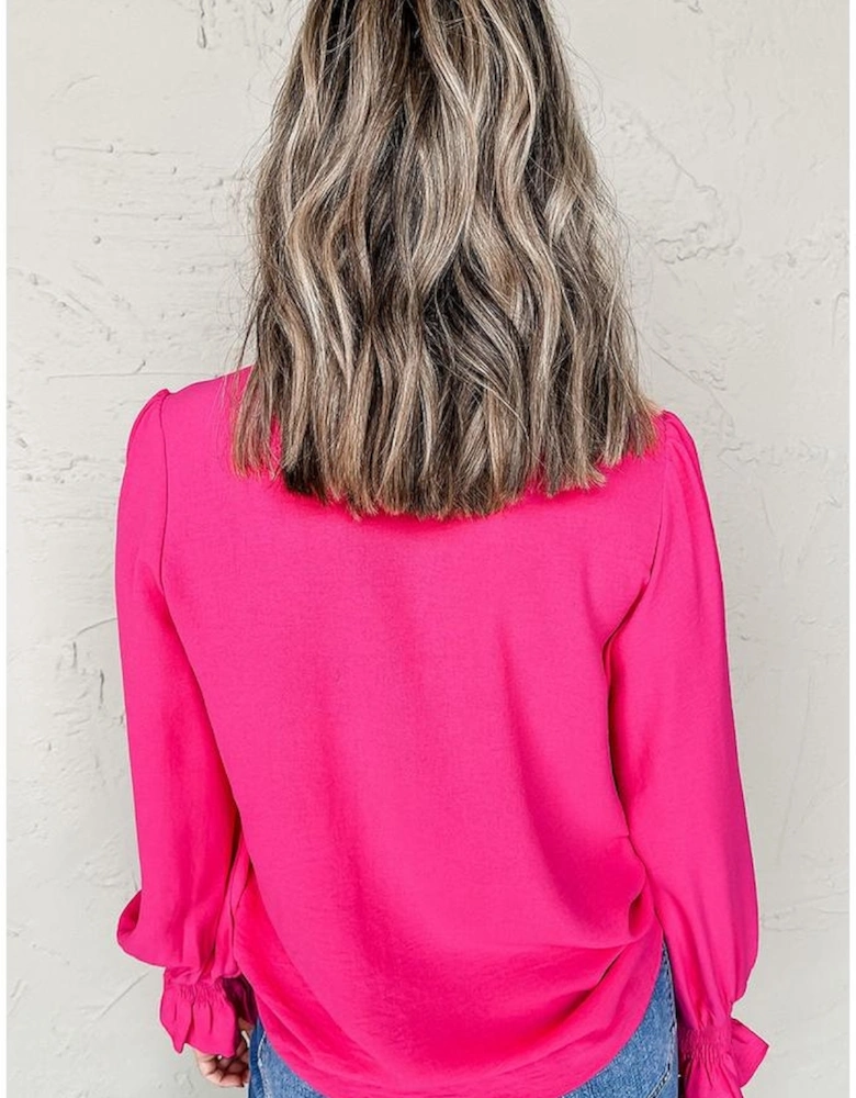 Rose Red Solid Color Shirred Cuff Notch V Neck Blouse