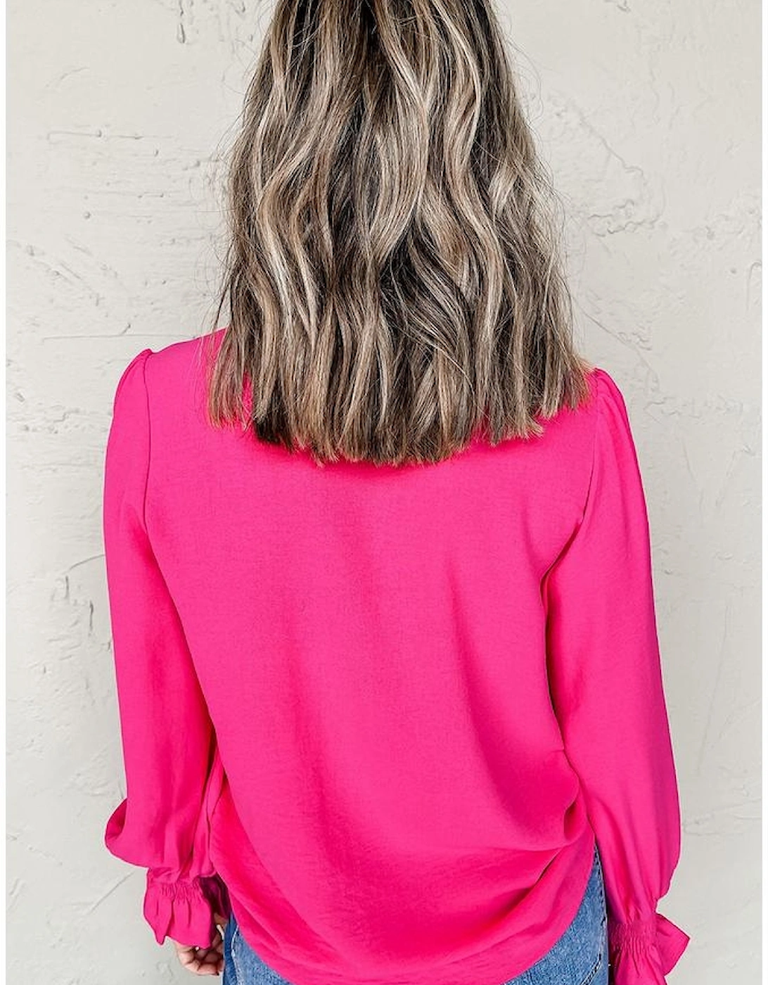 Rose Red Solid Color Shirred Cuff Notch V Neck Blouse