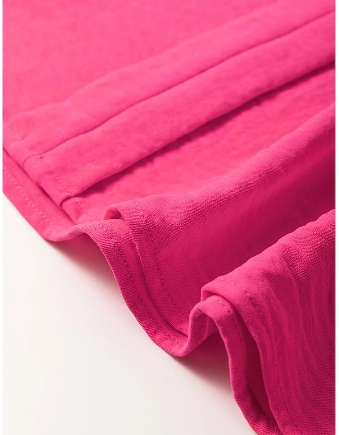 Rose Red Solid Color Shirred Cuff Notch V Neck Blouse