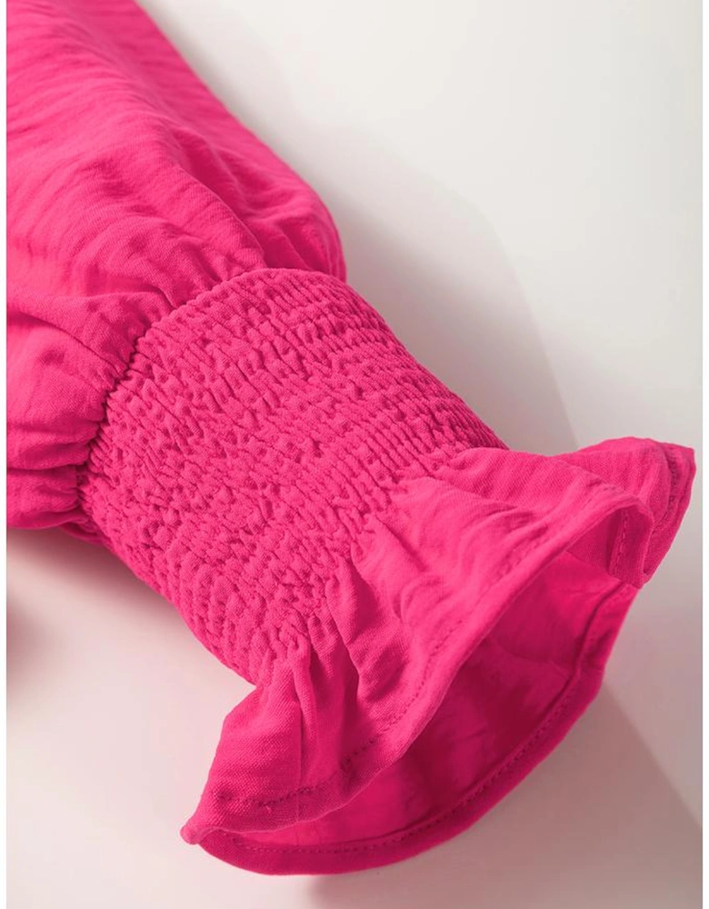 Rose Red Solid Color Shirred Cuff Notch V Neck Blouse