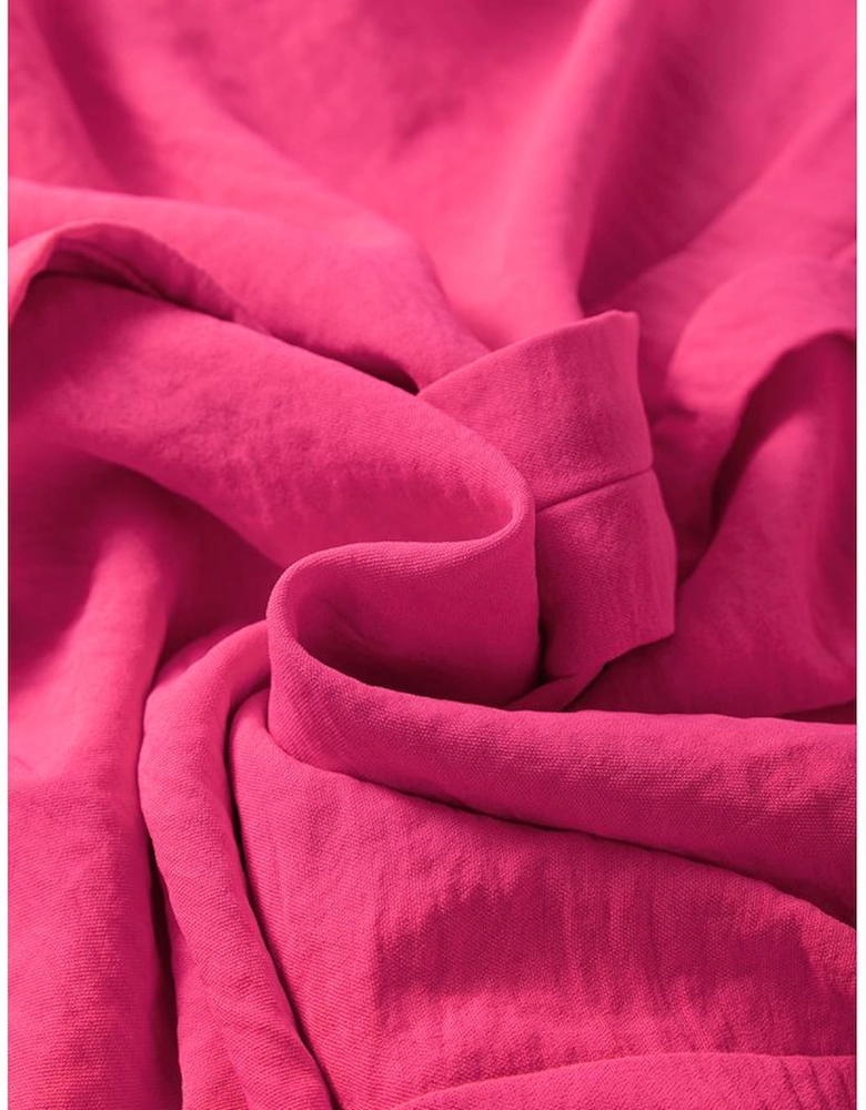 Rose Red Solid Color Shirred Cuff Notch V Neck Blouse