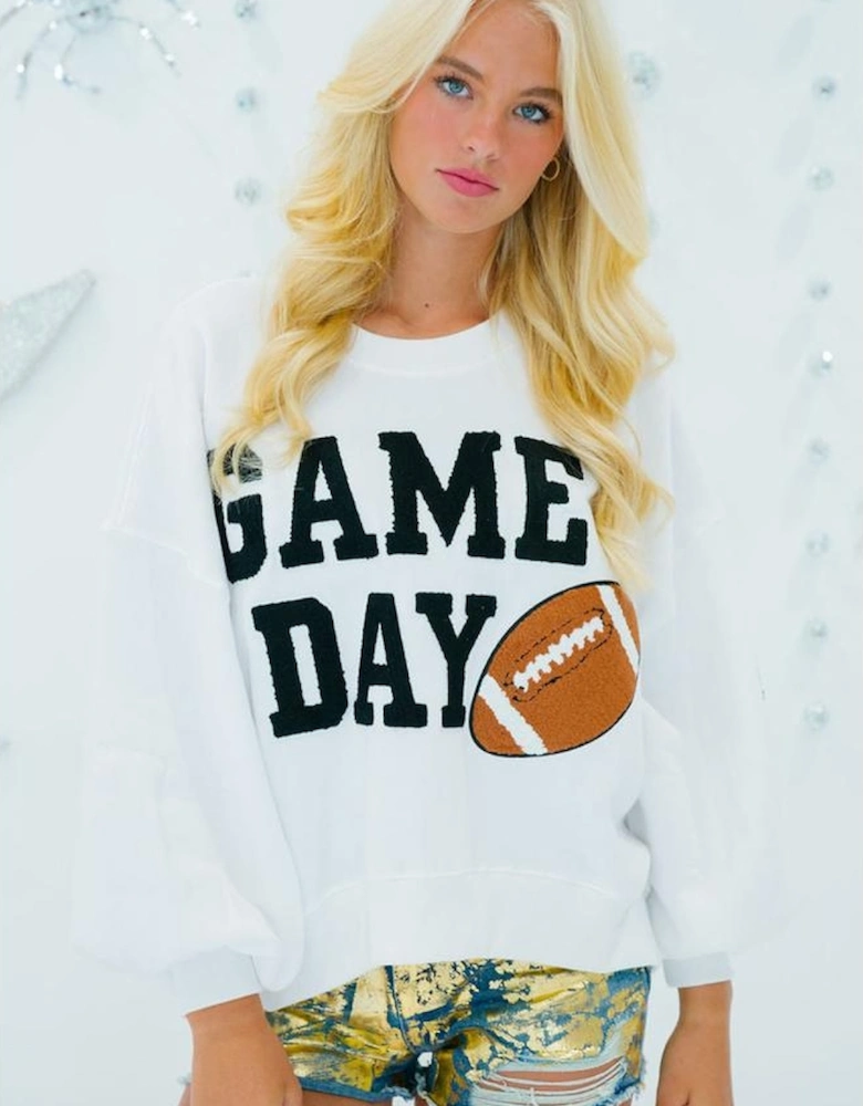 White GAME DAY Graphic Varsity Pullover Sweatshirt
