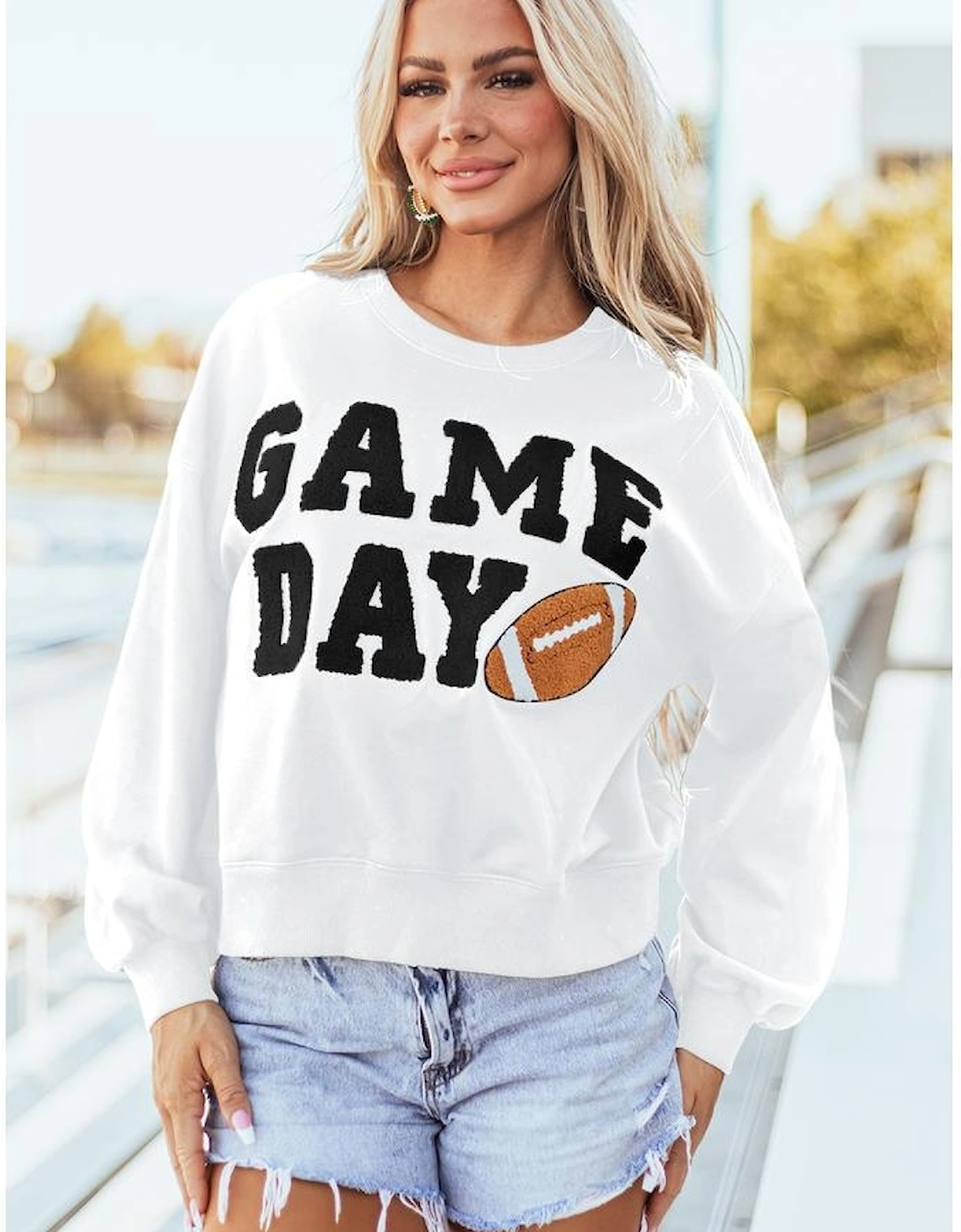 White GAME DAY Graphic Varsity Pullover Sweatshirt