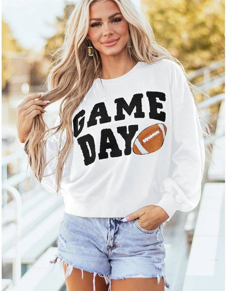 White GAME DAY Graphic Varsity Pullover Sweatshirt