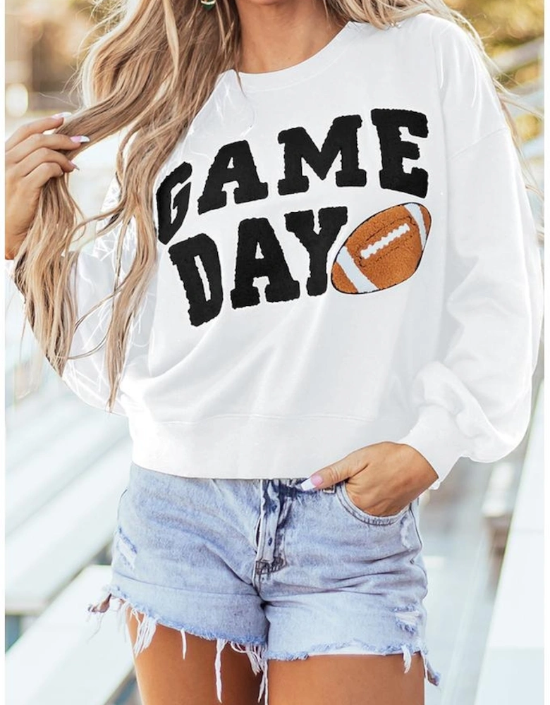 White GAME DAY Graphic Varsity Pullover Sweatshirt