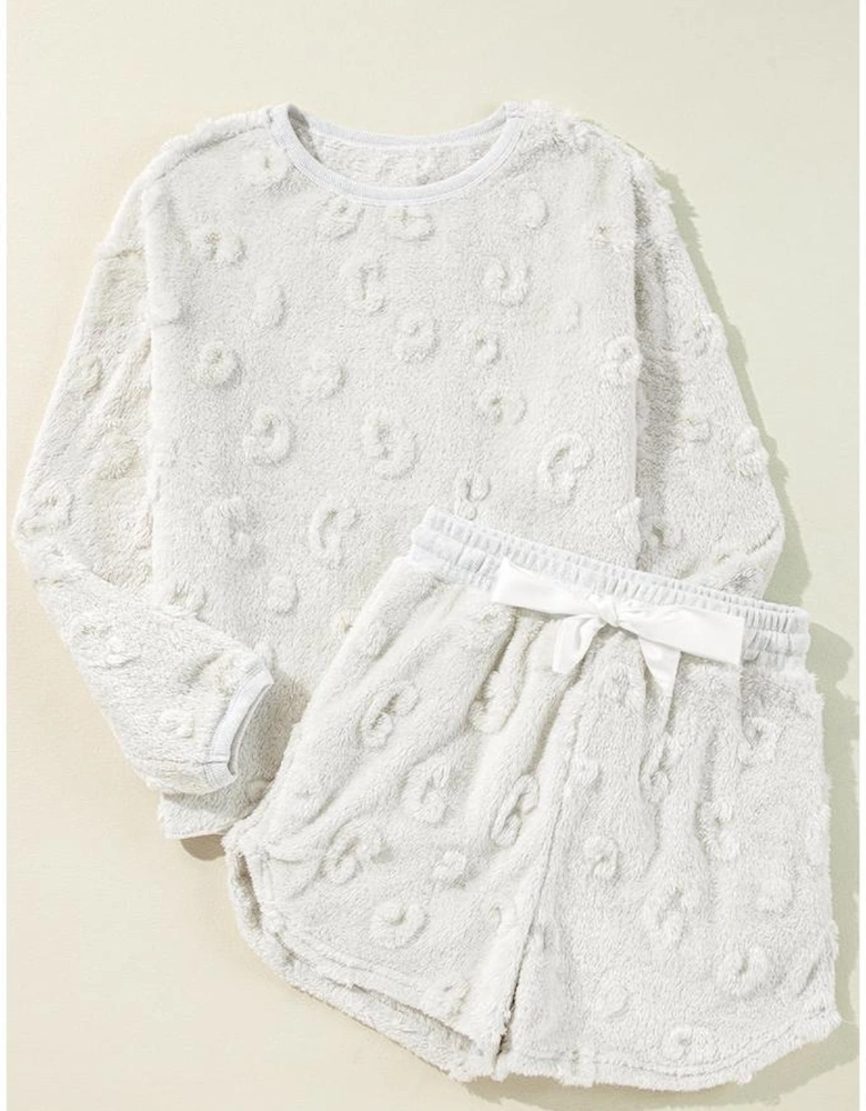 Light Grey Textured Leopard Fleece Loose Two Piece Lounge Set
