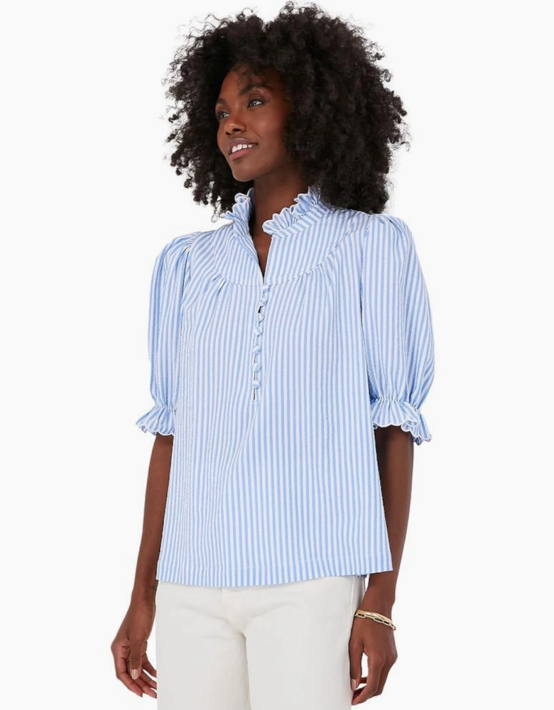 Sky Blue Stripe Ruffled Collar Puff Sleeve Half Buttons Blouse
