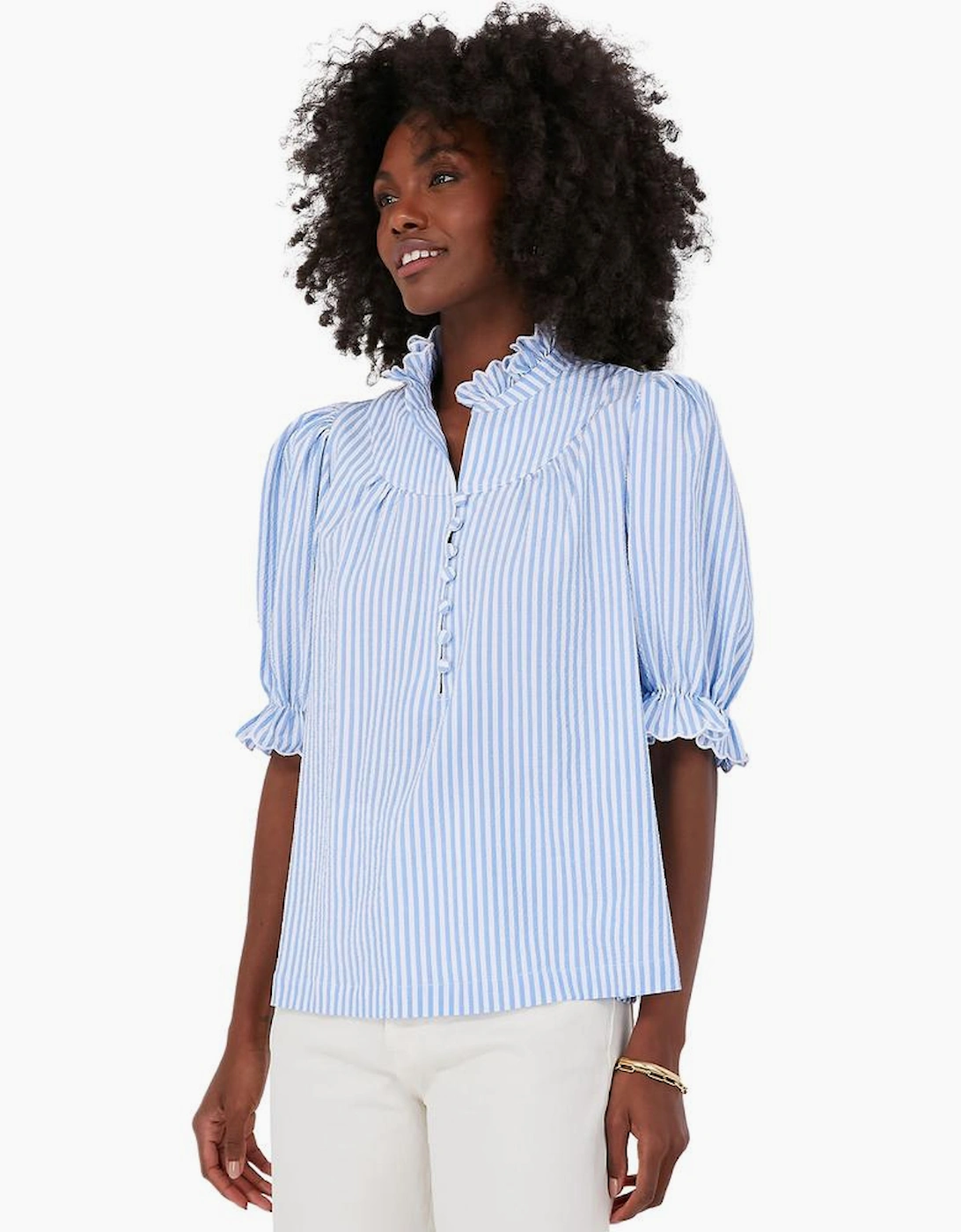 Sky Blue Stripe Ruffled Collar Puff Sleeve Half Buttons Blouse