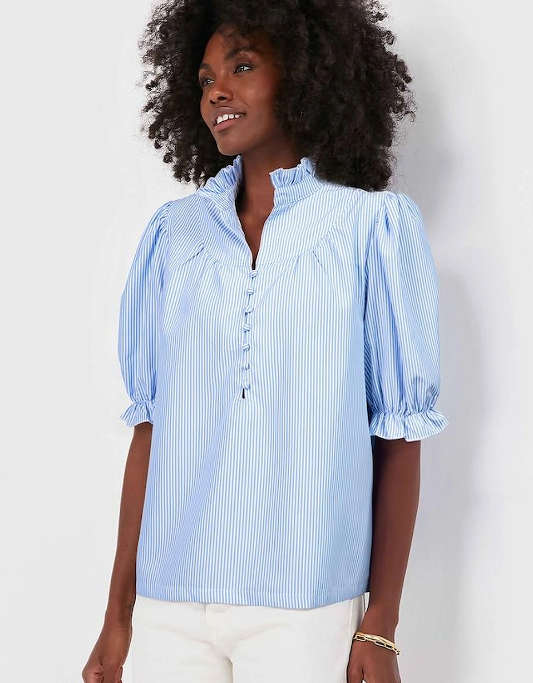 Sky Blue Stripe Ruffled Collar Puff Sleeve Half Buttons Blouse