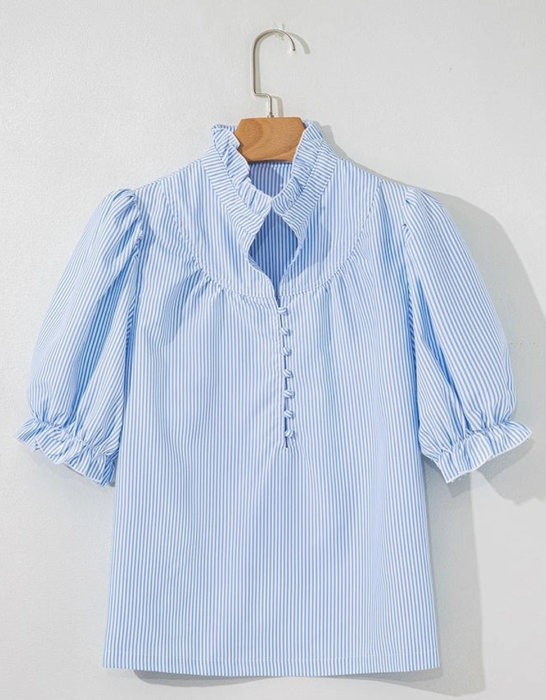 Sky Blue Stripe Ruffled Collar Puff Sleeve Half Buttons Blouse