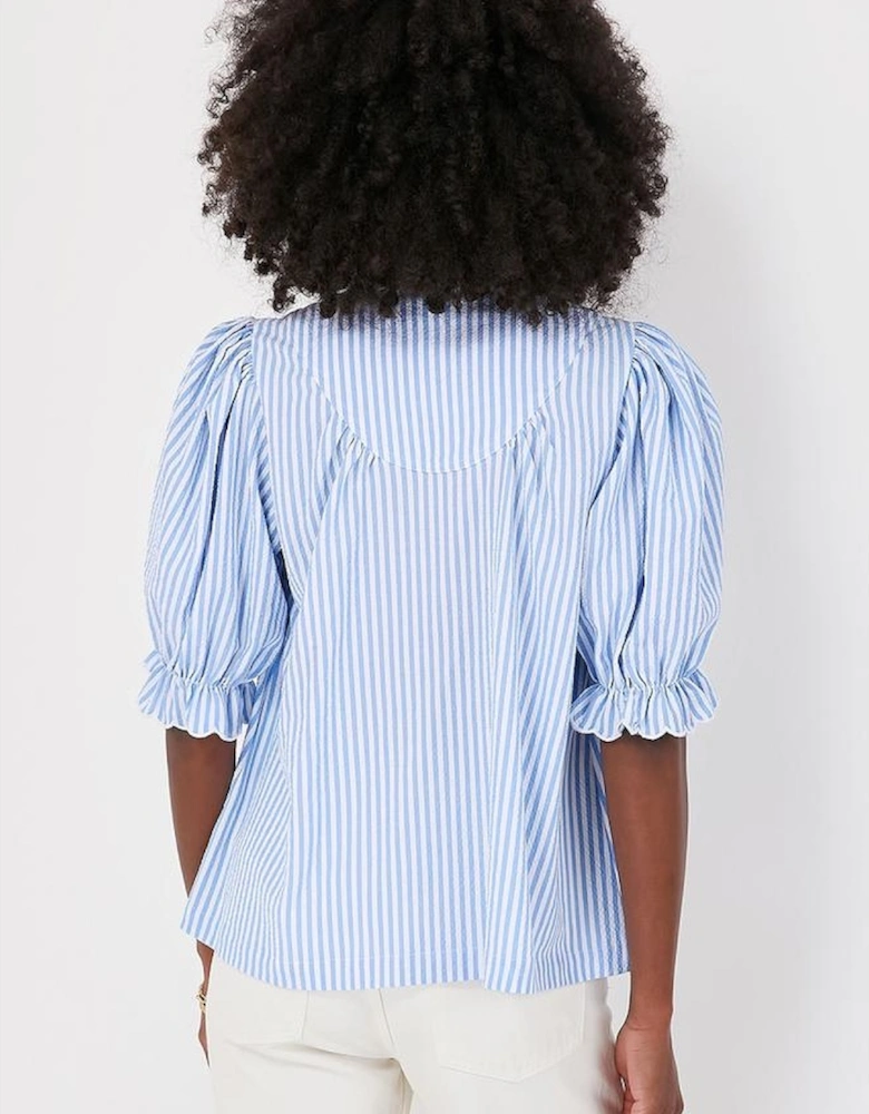 Sky Blue Stripe Ruffled Collar Puff Sleeve Half Buttons Blouse