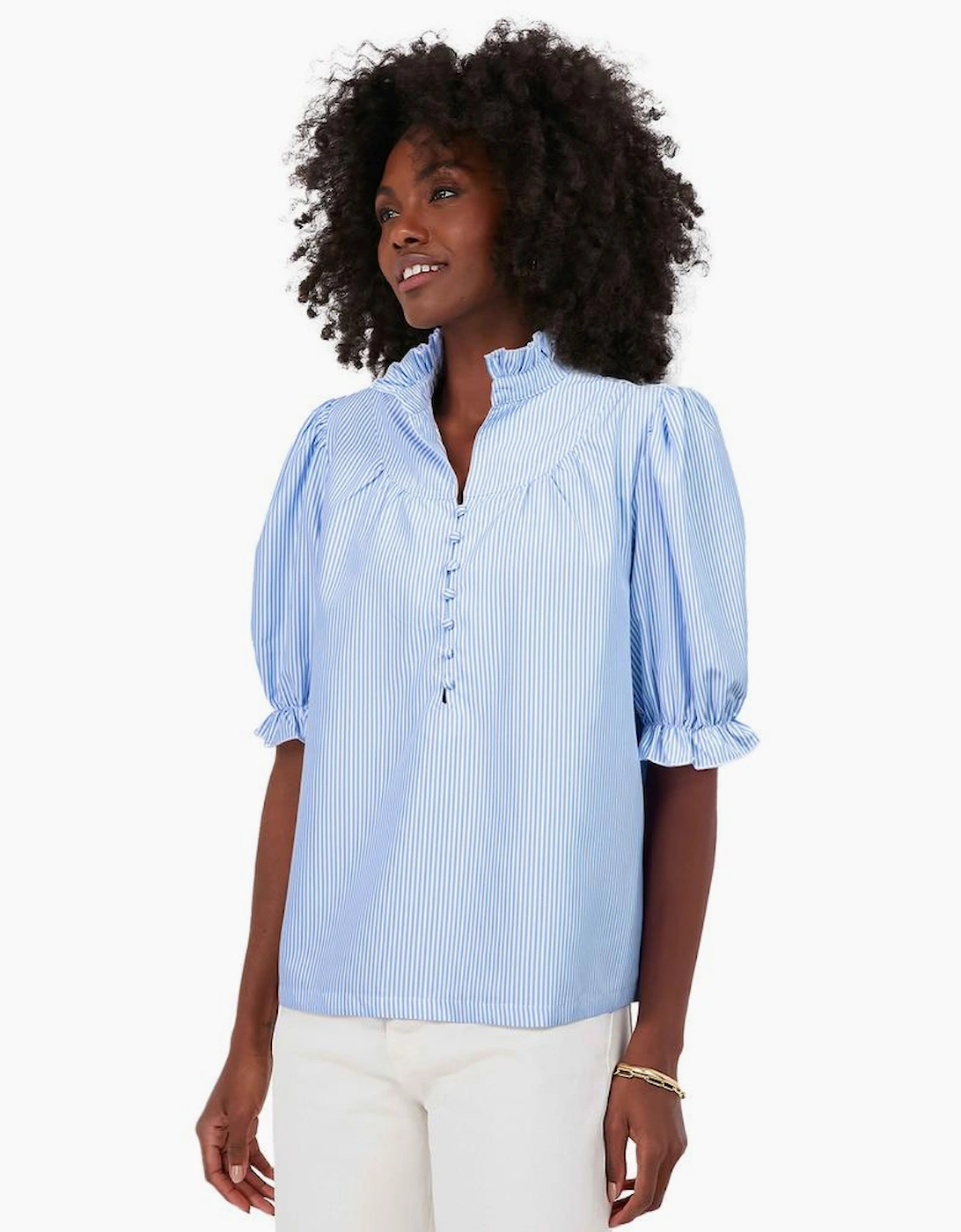 Sky Blue Stripe Ruffled Collar Puff Sleeve Half Buttons Blouse