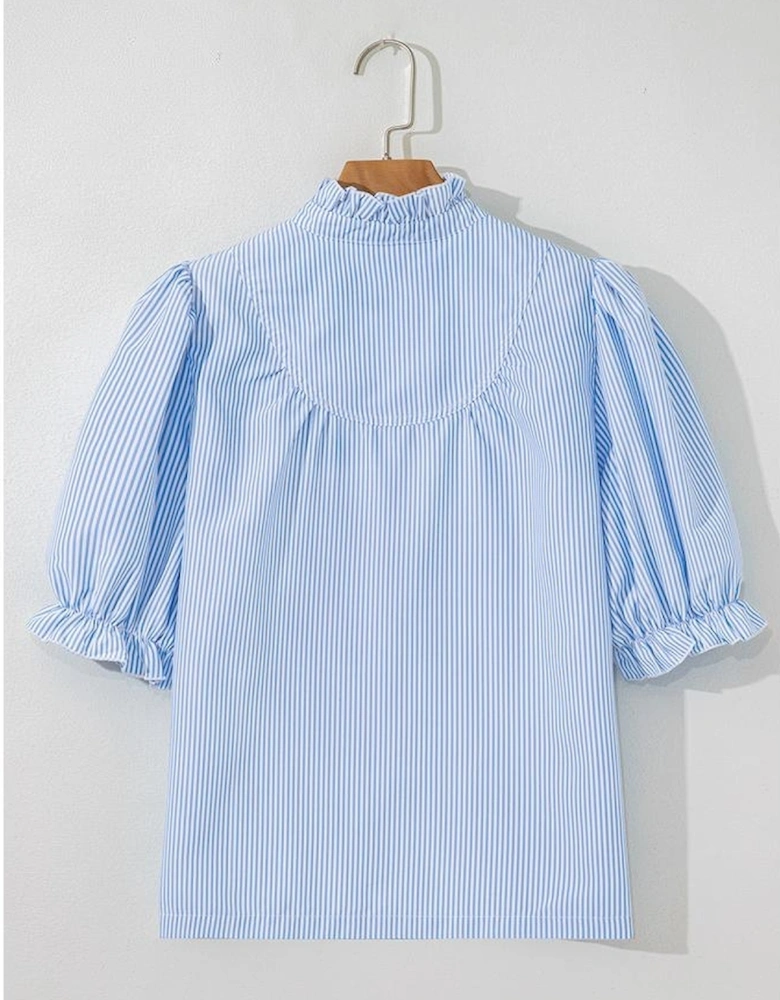 Sky Blue Stripe Ruffled Collar Puff Sleeve Half Buttons Blouse