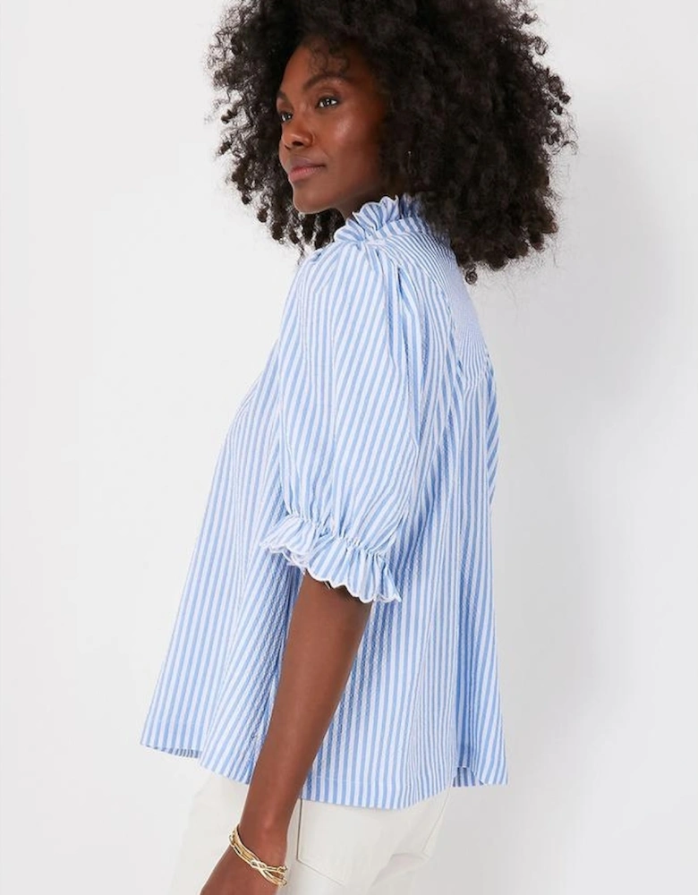 Sky Blue Stripe Ruffled Collar Puff Sleeve Half Buttons Blouse