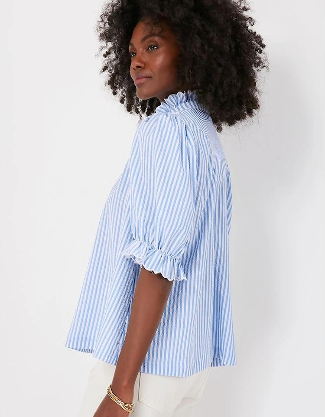 Sky Blue Stripe Ruffled Collar Puff Sleeve Half Buttons Blouse