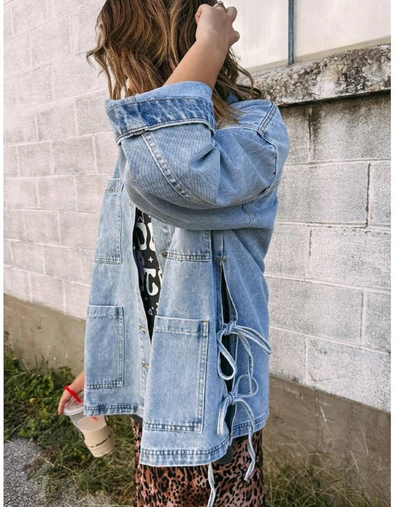 Beau Blue Multi Patched Pockets Side Tie up Boyfriend Style Denim Jacket