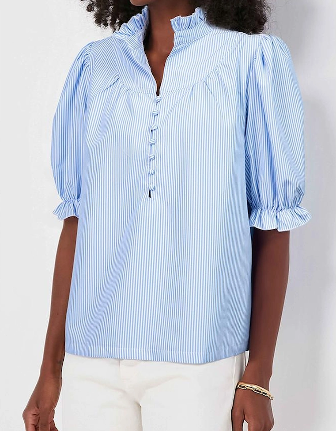 Sky Blue Stripe Ruffled Collar Puff Sleeve Half Buttons Blouse