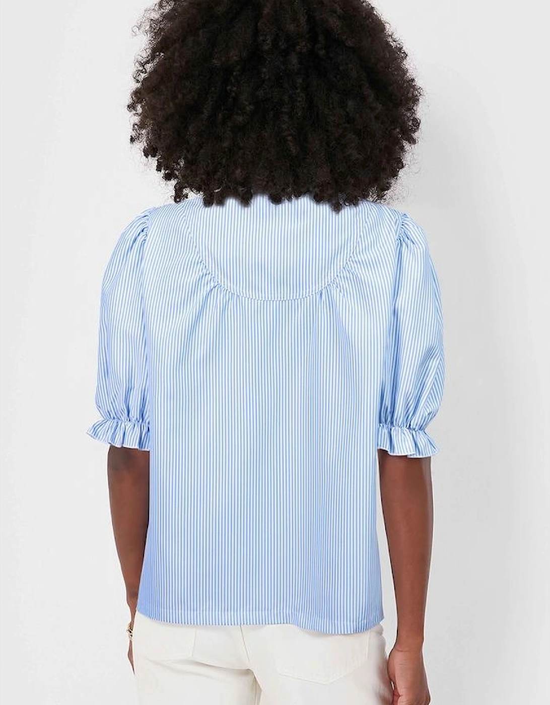Sky Blue Stripe Ruffled Collar Puff Sleeve Half Buttons Blouse