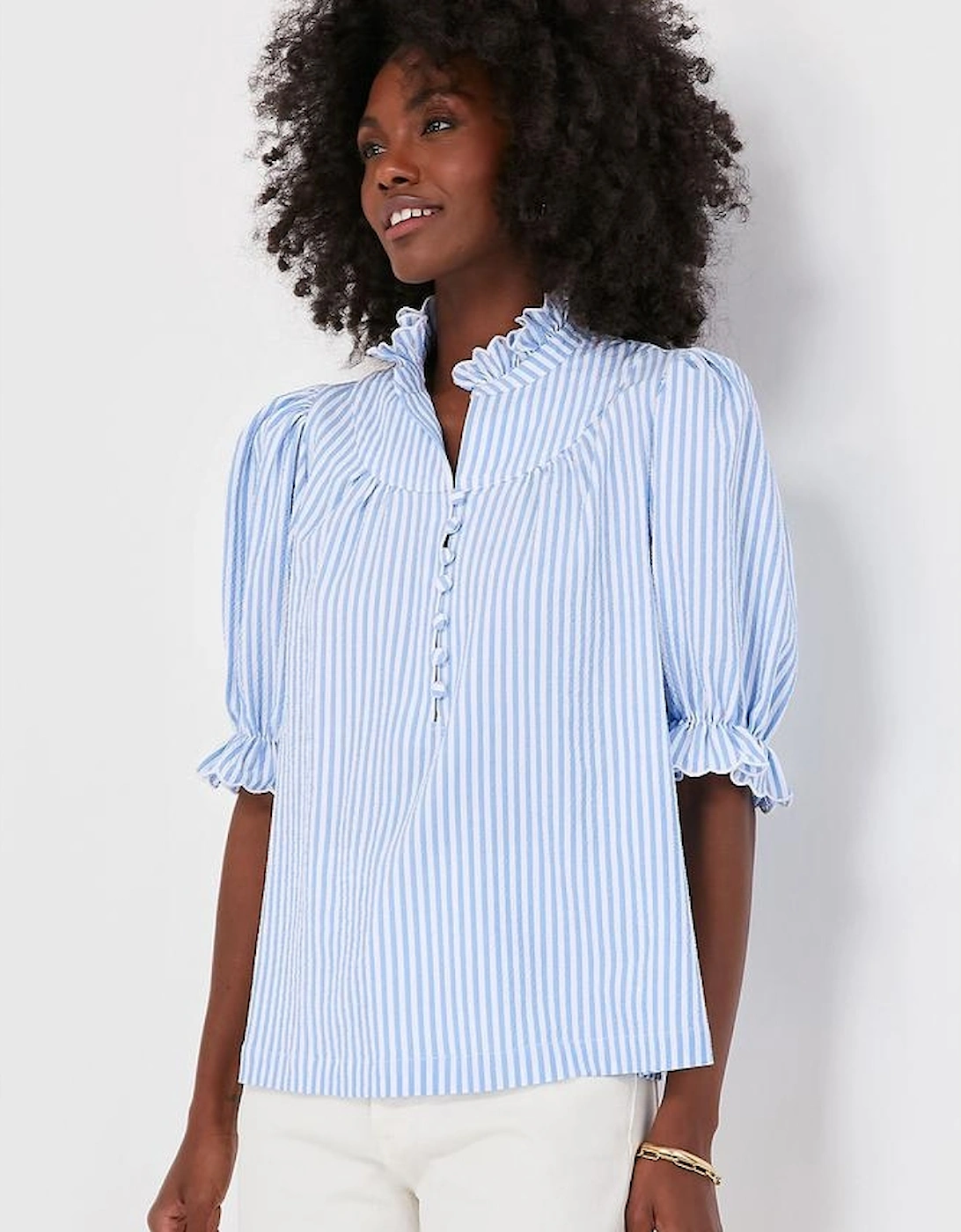 Sky Blue Stripe Ruffled Collar Puff Sleeve Half Buttons Blouse, 16 of 15