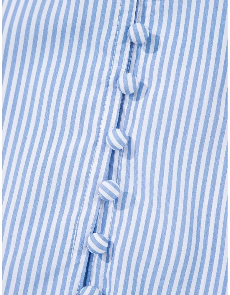 Sky Blue Stripe Ruffled Collar Puff Sleeve Half Buttons Blouse