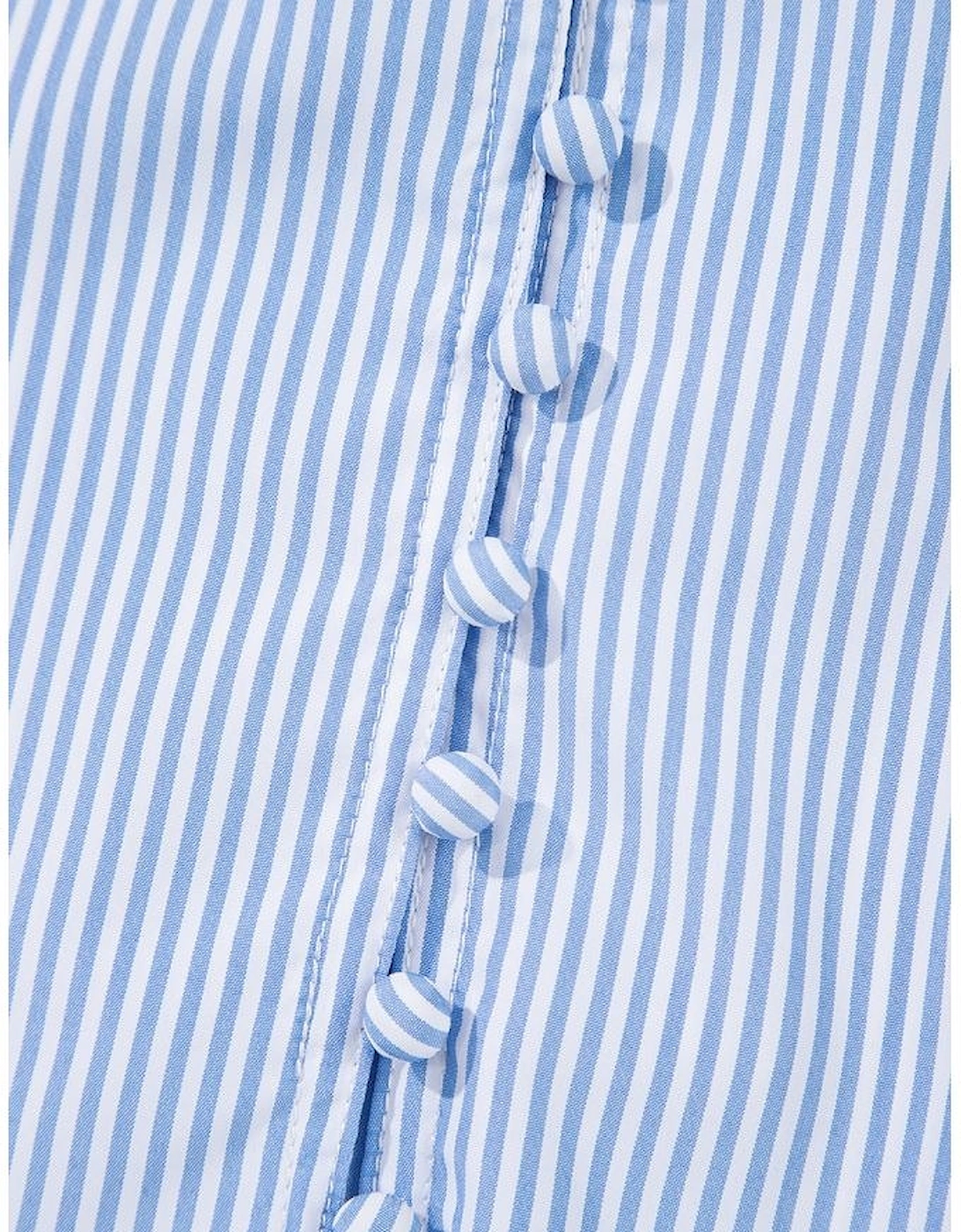 Sky Blue Stripe Ruffled Collar Puff Sleeve Half Buttons Blouse